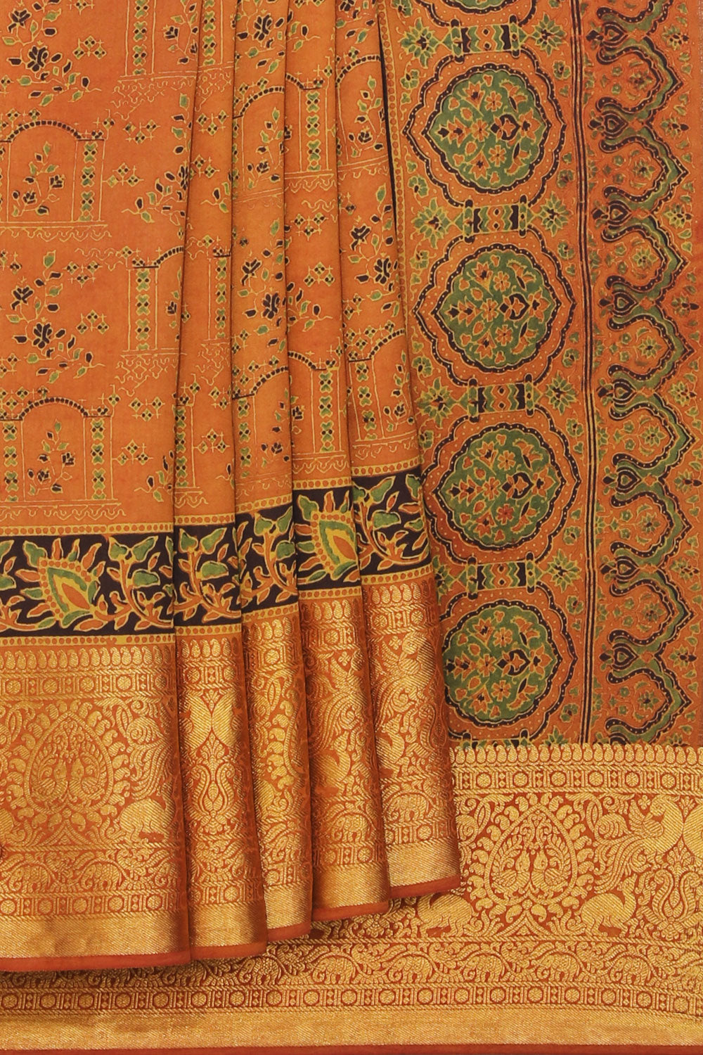 Image of Mustard Ajrakh Modal Silk Saree